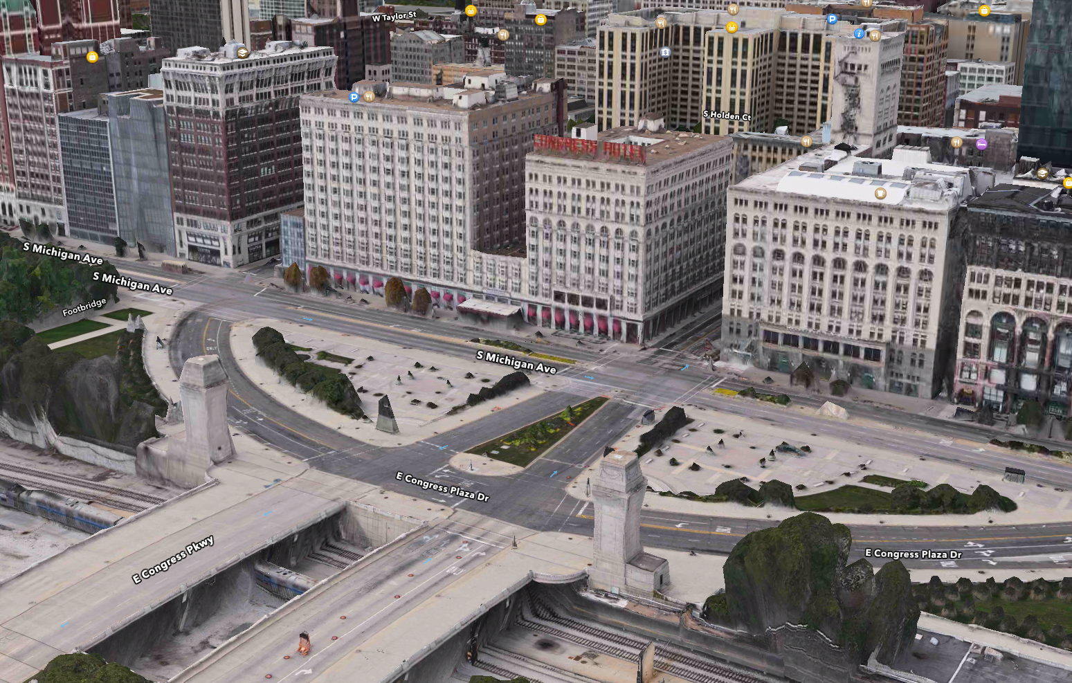 A 3D view of the Congress Hotel on Michigan Ave. in Chicago as seen in Apple's new Maps Desktop App.